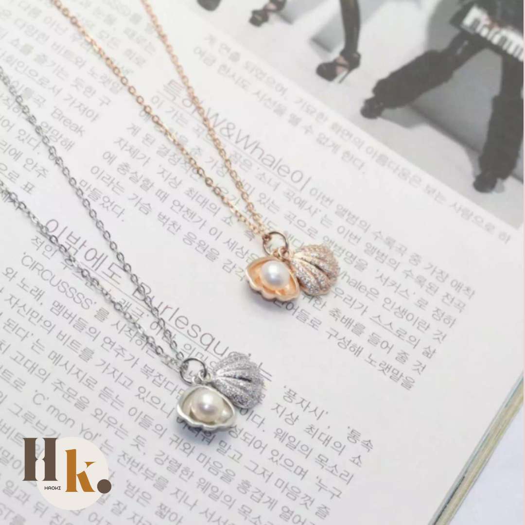 S925銀甜美鑲鑽貝殼珍珠項鍊01
