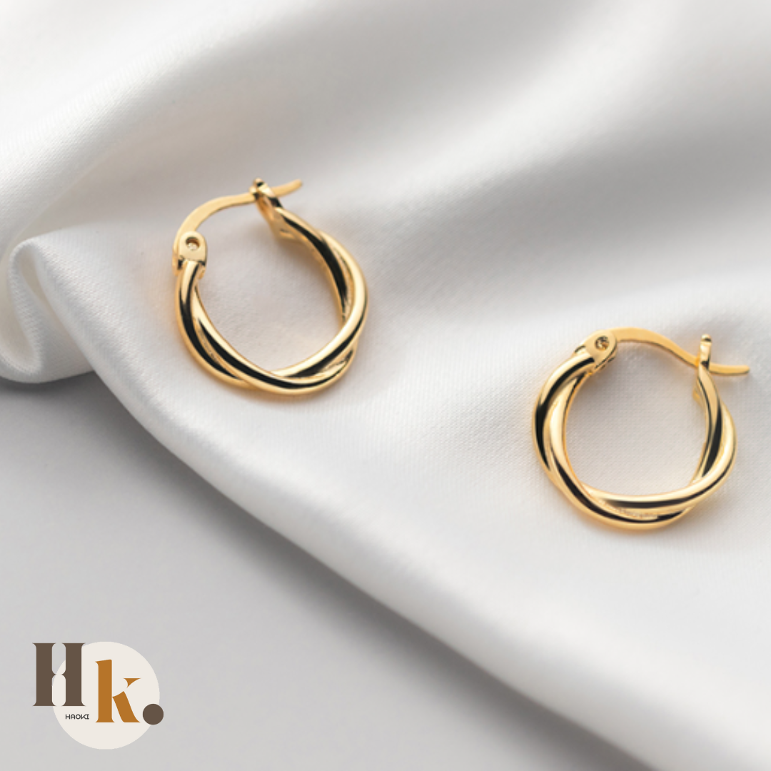 s925銀編織線條圓圈耳環金色